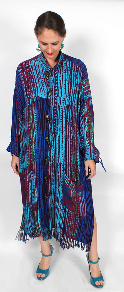 OOAK Turquoise-Magenta Sunheart Batik Boho Coat | Los Angeles Showroom | Rare Fringe Duster Coat
