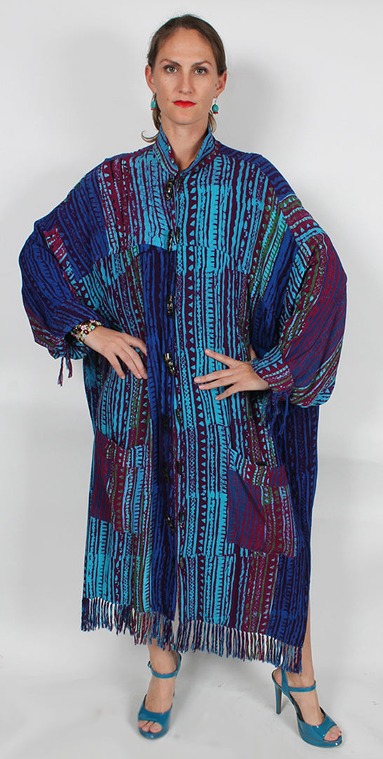OOAK Turquoise-Magenta Sunheart Batik Boho Coat | Los Angeles Showroom | Rare Fringe Duster Coat