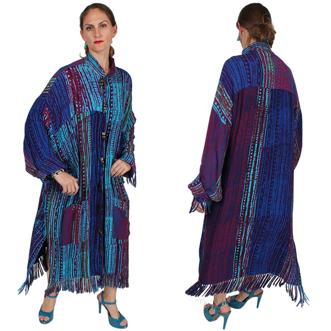 OOAK Turquoise-Magenta Sunheart Batik Boho Coat | Los Angeles Showroom | Rare Fringe Duster Coat