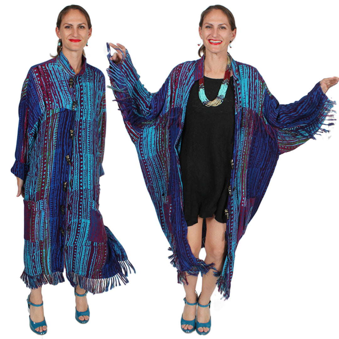 OOAK Turquoise-Magenta Sunheart Batik Boho Coat | Los Angeles Showroom | Rare Fringe Duster Coat
