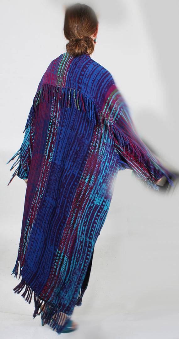 OOAK Turquoise-Magenta Sunheart Batik Boho Coat | Los Angeles Showroom | Rare Fringe Duster Coat