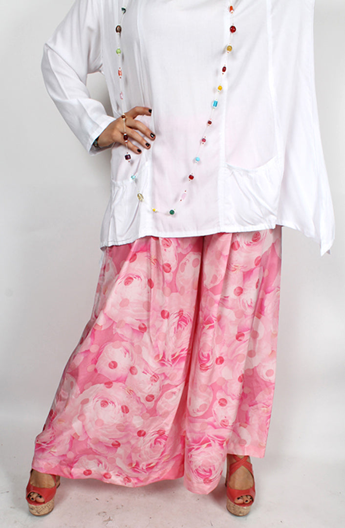 Sunheart Silk Pink Roses Floral Fem Palazzo Pants Med-4X