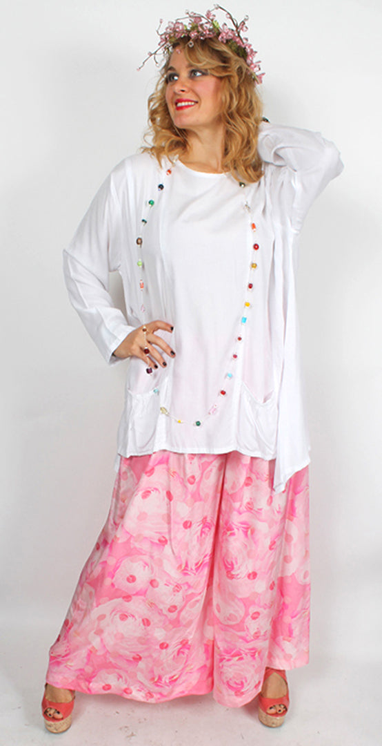 Sunheart Silk Pink Roses Floral Fem Palazzo Pants Med-4X