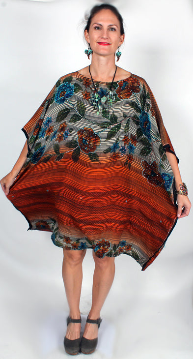 Sunheart Lux Silk Embroidered Gem Vintage Beaded Glam Dress Caftan Poncho Tunic Top Sml-7x OOAK