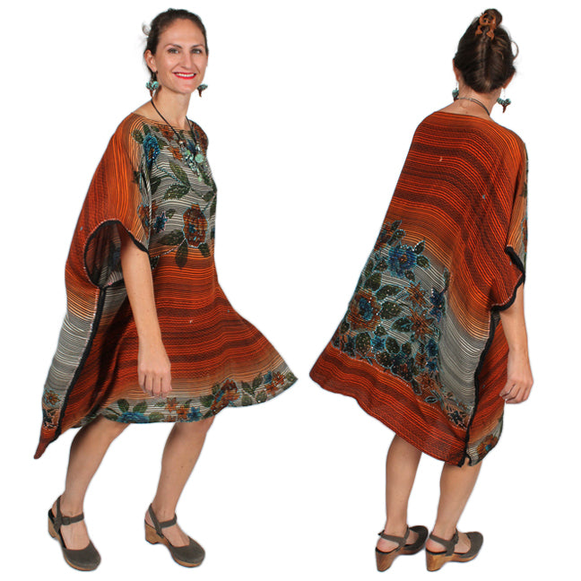 Sunheart Lux Silk Embroidered Gem Vintage Beaded Glam Dress Caftan Poncho Tunic Top Sml-7x OOAK