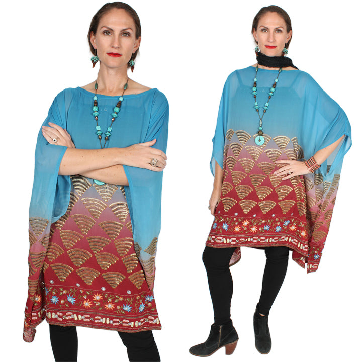 New! Sunheart Silk Embroidered Gem Vintage Beaded Glam Dress Caftan Poncho Tunic Top Sml-7x
