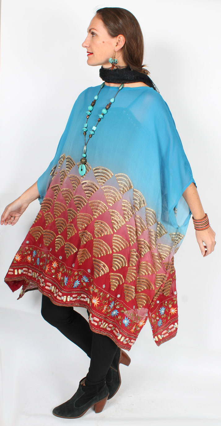 New! Sunheart Silk Embroidered Gem Vintage Beaded Glam Dress Caftan Poncho Tunic Top Sml-7x