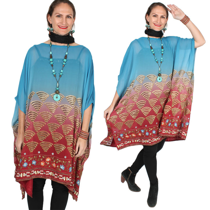 New! Sunheart Silk Embroidered Gem Vintage Beaded Glam Dress Caftan Poncho Tunic Top Sml-7x