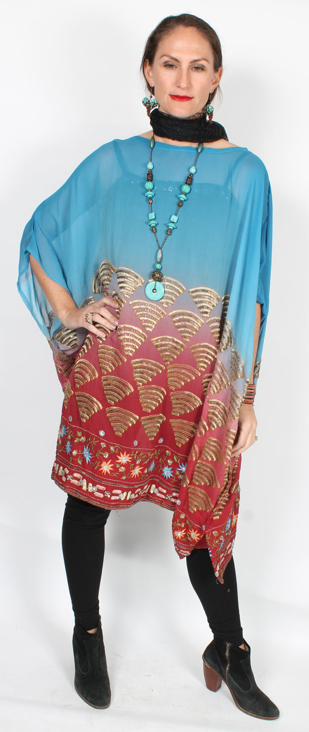 New! Sunheart Silk Embroidered Gem Vintage Beaded Glam Dress Caftan Poncho Tunic Top Sml-7x