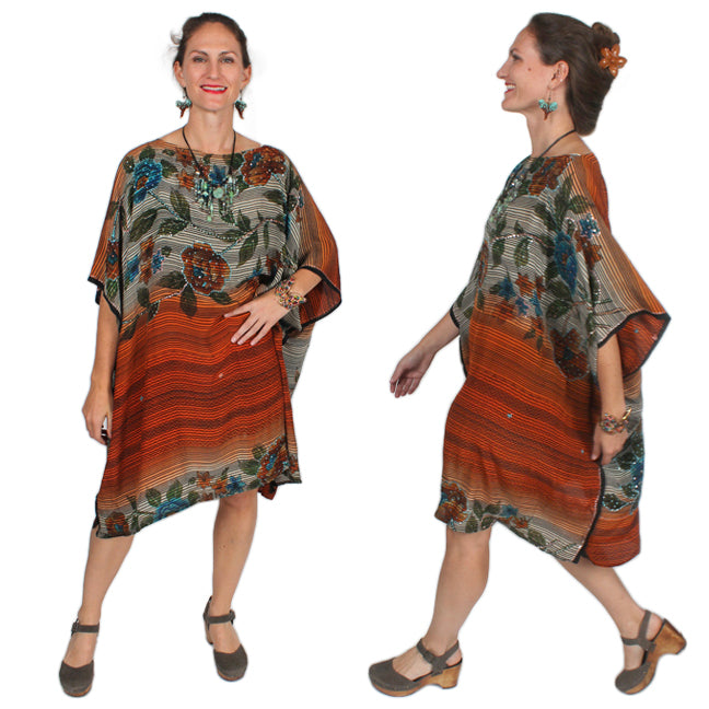 Sunheart Lux Silk Embroidered Gem Vintage Beaded Glam Dress Caftan Poncho Tunic Top Sml-7x OOAK