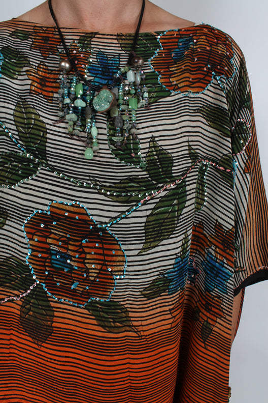 Sunheart Lux Silk Embroidered Gem Vintage Beaded Glam Dress Caftan Poncho Tunic Top Sml-7x OOAK