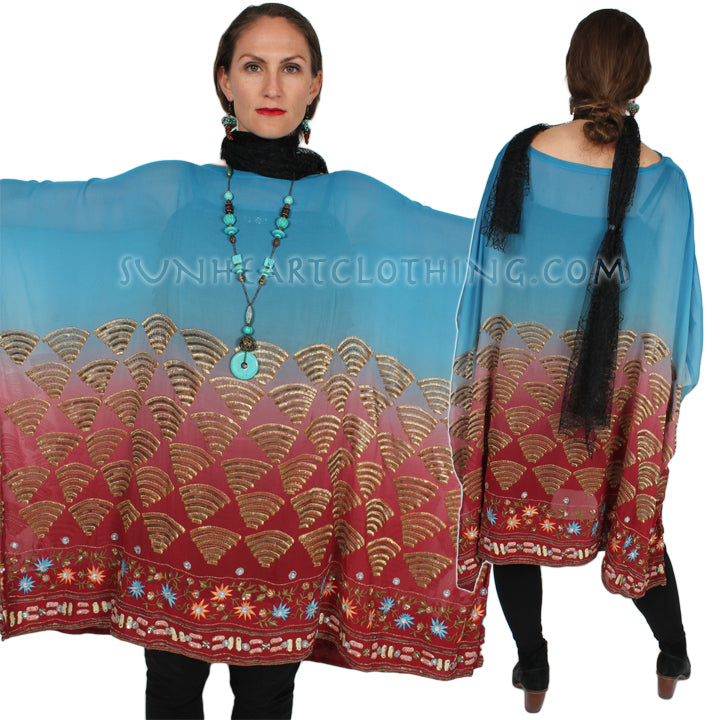 New! Sunheart Silk Embroidered Gem Vintage Beaded Glam Dress Caftan Poncho Tunic Top Sml-7x