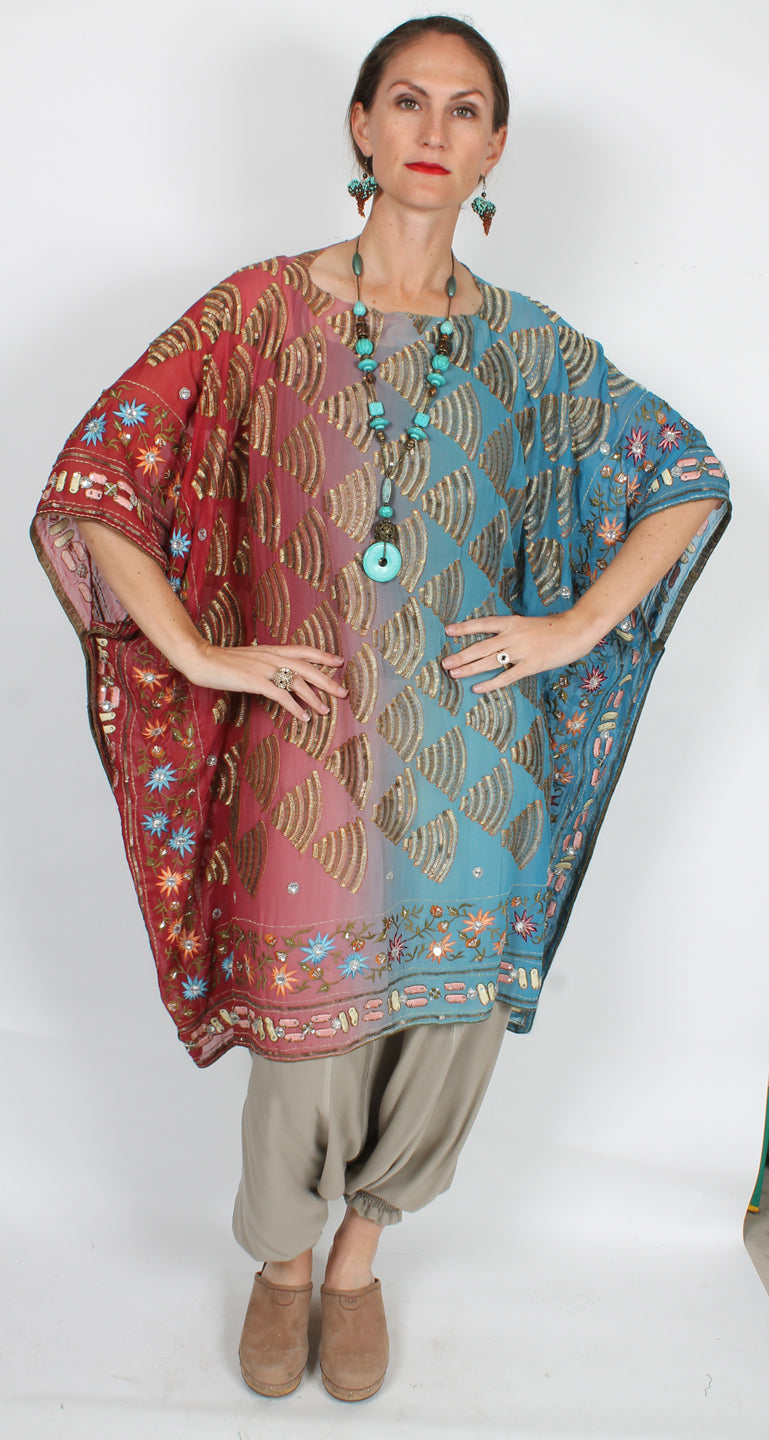 New! Sunheart Silk Embroidered Gem Vintage Beaded Glam Dress Caftan Poncho Tunic Top Sml-7x