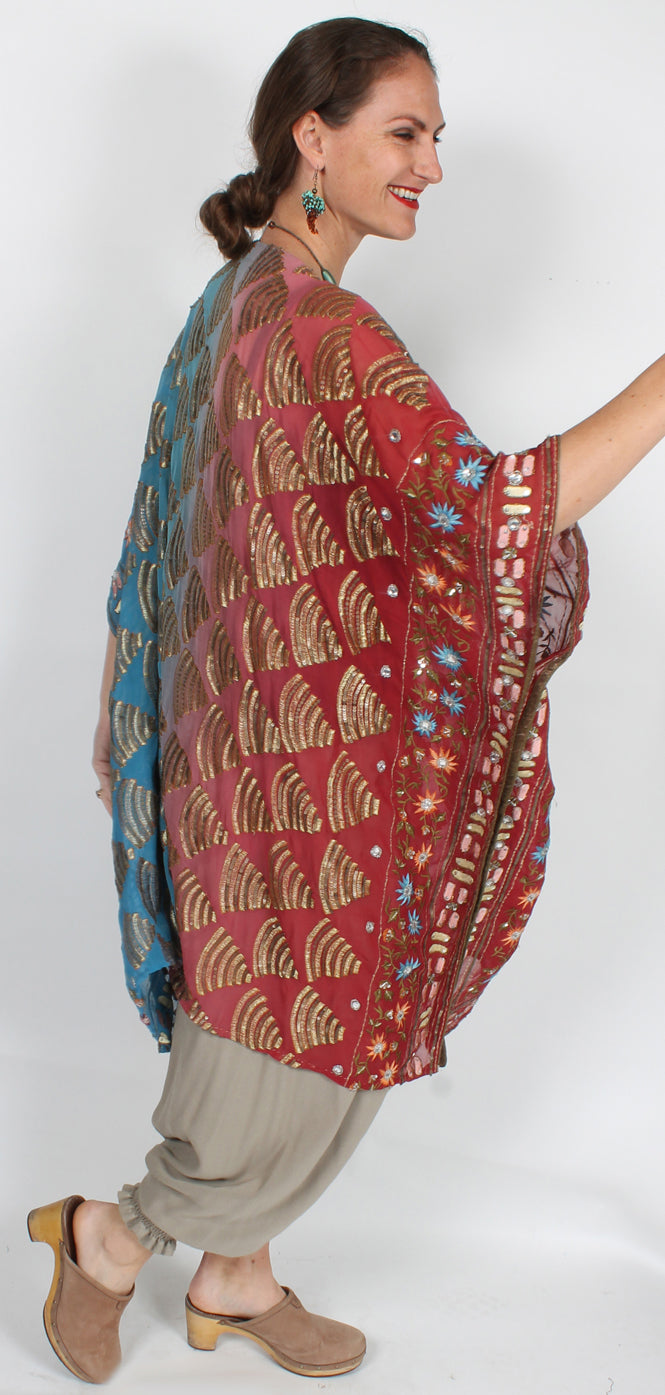 New! Sunheart Silk Embroidered Gem Vintage Beaded Glam Dress Caftan Poncho Tunic Top Sml-7x