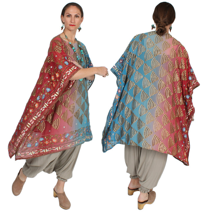 New! Sunheart Silk Embroidered Gem Vintage Beaded Glam Dress Caftan Poncho Tunic Top Sml-7x