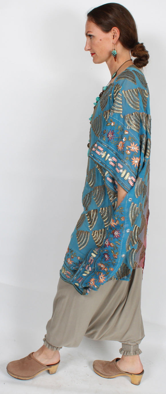 New! Sunheart Silk Embroidered Gem Vintage Beaded Glam Dress Caftan Poncho Tunic Top Sml-7x