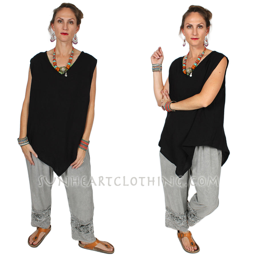 Black Dairi Cotton Asym Tank Top Lagenlook Boho Resort Wear Hippie Chic Plus Sml-1X