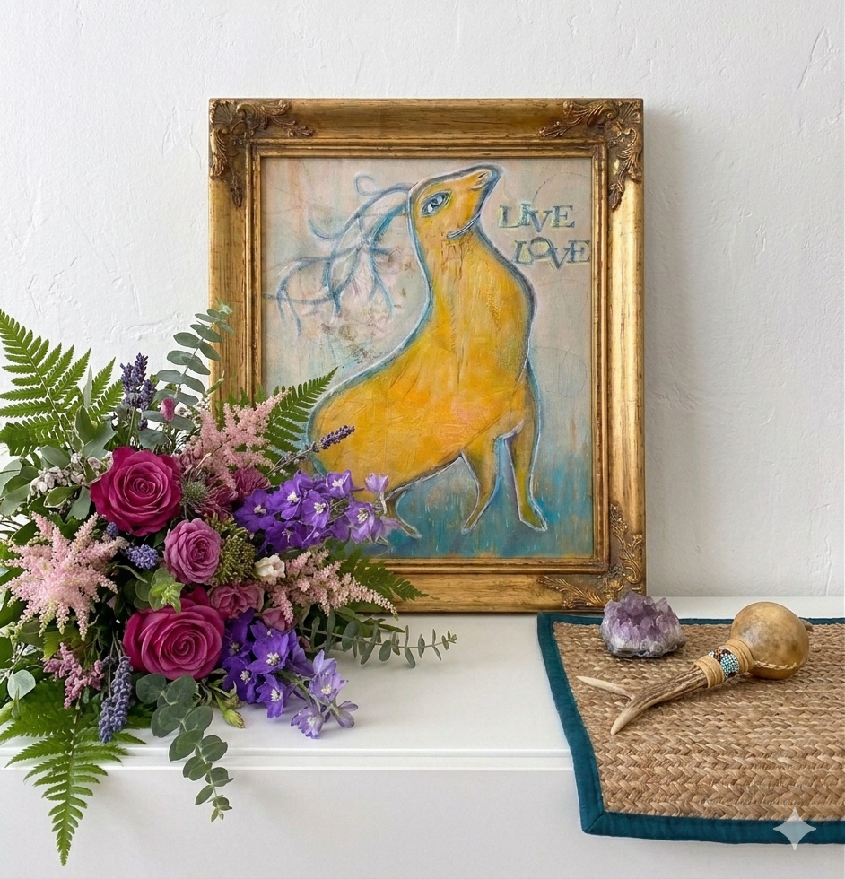 Shaman Golden Deer Painting OOAK Wall Art Kristena West 8" x 10"