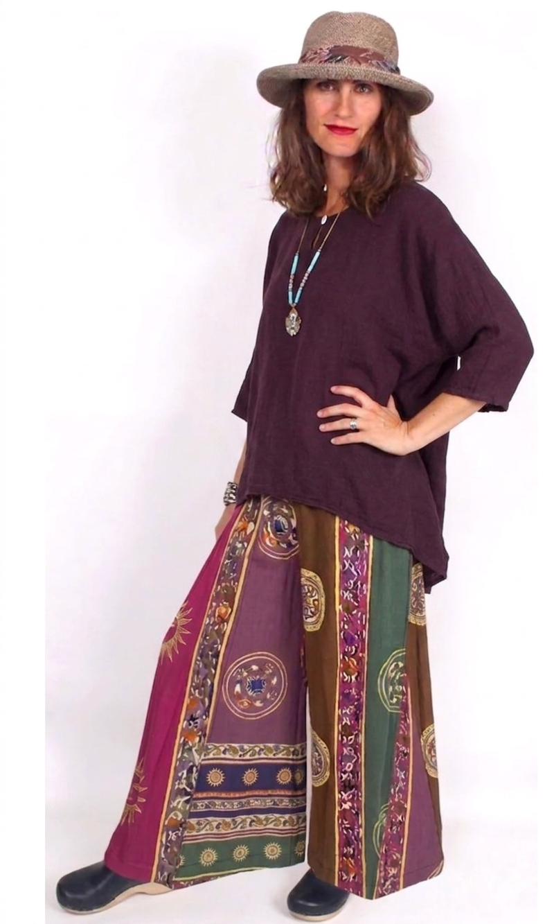 Oh My Gauze Button PLUM Tunic & Palazzo Pants Set  Boho Hippie Chic Lagenlook Resort Wear Sml-5X Last One!