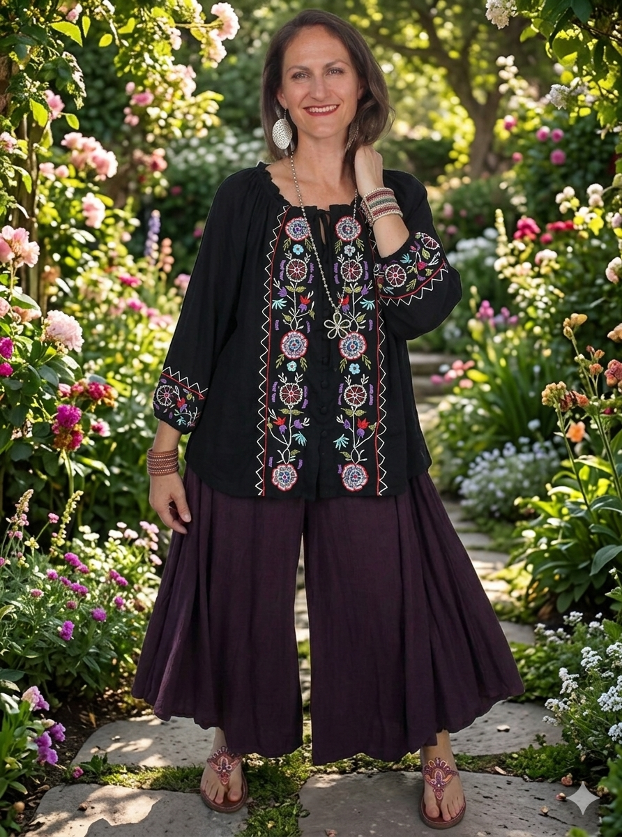 Oh My Gauze Button PLUM Tunic & Palazzo Pants Set  Boho Hippie Chic Lagenlook Resort Wear Sml-5X Last One!