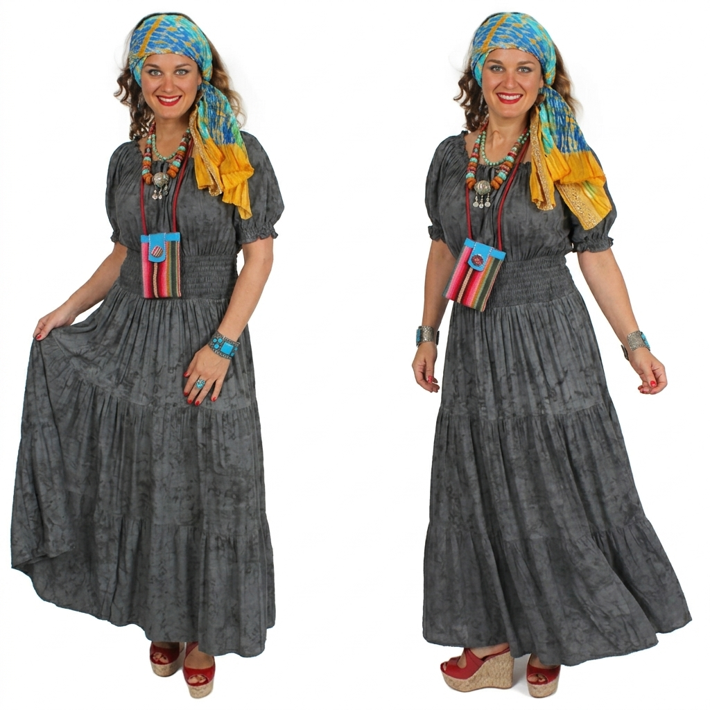 Sunheart Boho Graphite Peasant Dress  Renaissance Folk Sml-4X