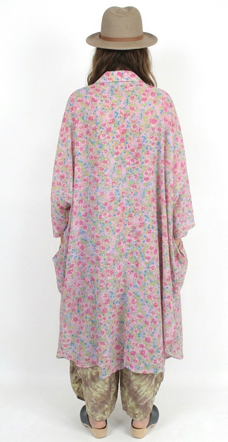 SUNHEART in de Pink Floral Goddess Plus Duster Coat Boho Hippie Chic Plus Sml-7X