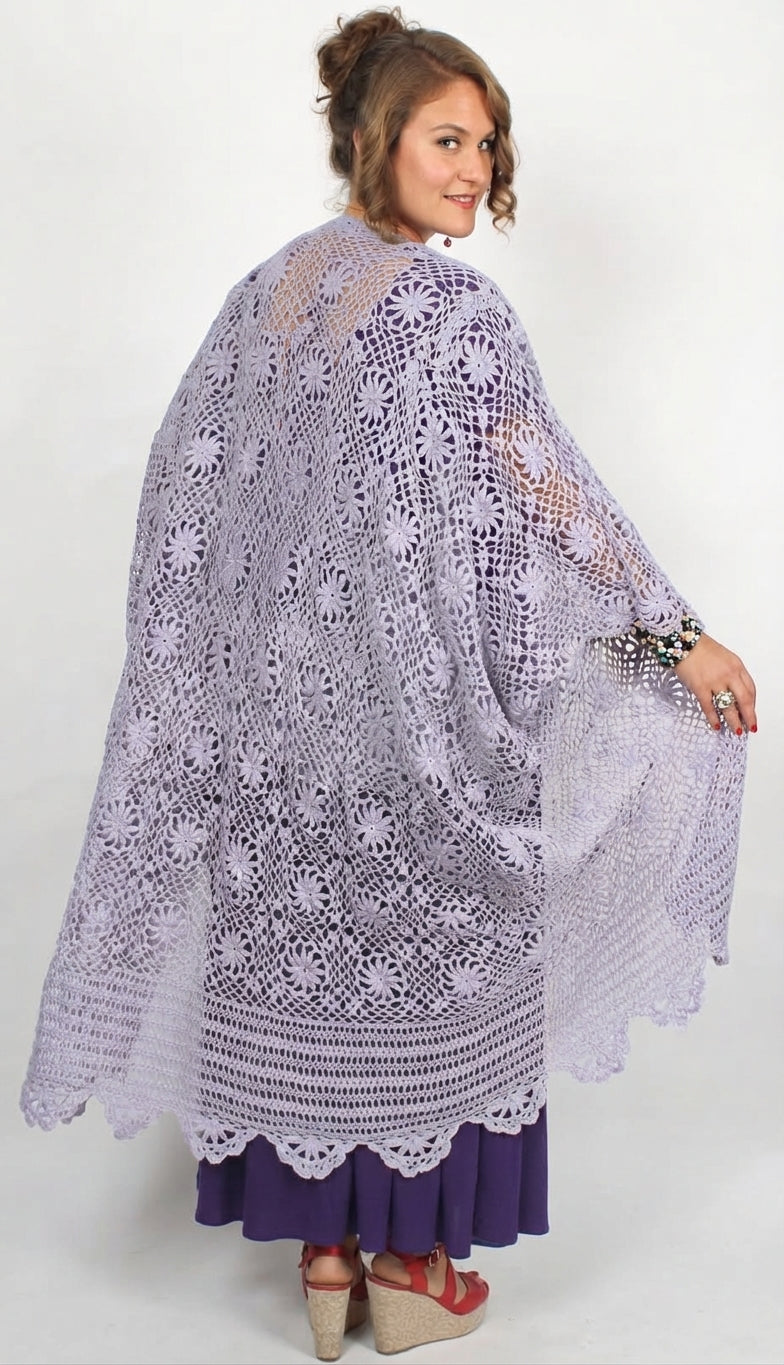 Sunheart Vintage Lavander Upcycled Crochet Coat Boho Hippie ChicVictorian Violet Crochet Duster – Upcycled Batwing Kimono Jacket with Beading SMl-8X