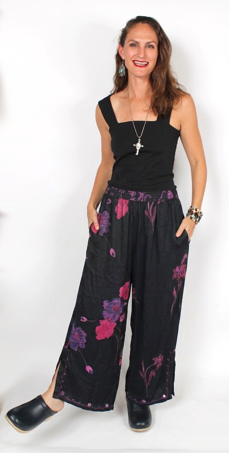 Tienda ho Black Satin Fushia Floral Boho Pants Nothing-Matches Hippie Chic Resort Wear Sml-2x+