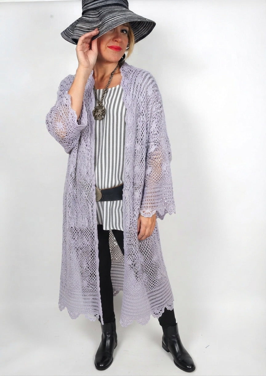Sunheart Vintage Lavander Upcycled Crochet Coat Boho Hippie ChicVictorian Violet Crochet Duster – Upcycled Batwing Kimono Jacket with Beading SMl-8X