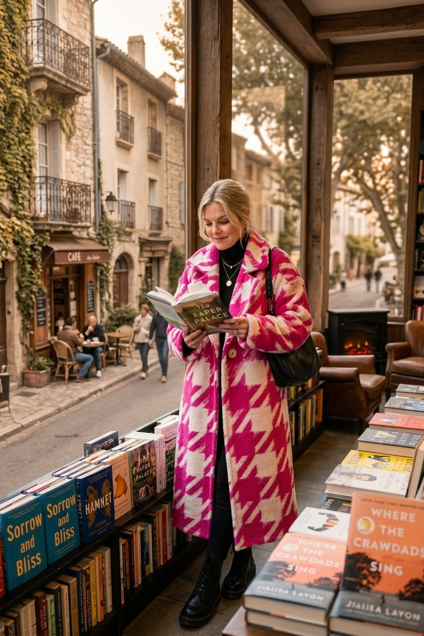 Italian 80% Wool Oversized Houndstooth Coat – Fabulous Fuchsia & White