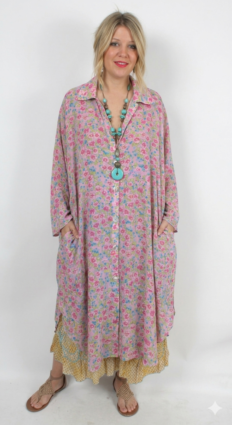 SUNHEART in de Pink Floral Goddess Plus Duster Coat Boho Hippie Chic Plus Sml-7X