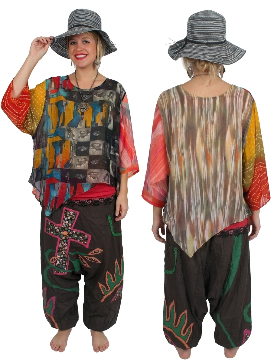 Sunheart Boho Cross Blooms Pants Hippie Chic Resort Wear Sml-4X