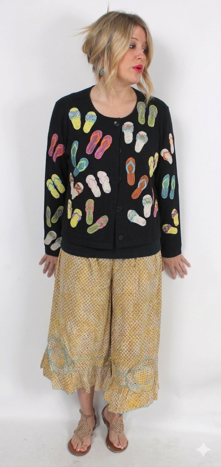 Michael Simon Lite Embroidered Flip Flop Sandals Black Boho Jacket Sml-XL
