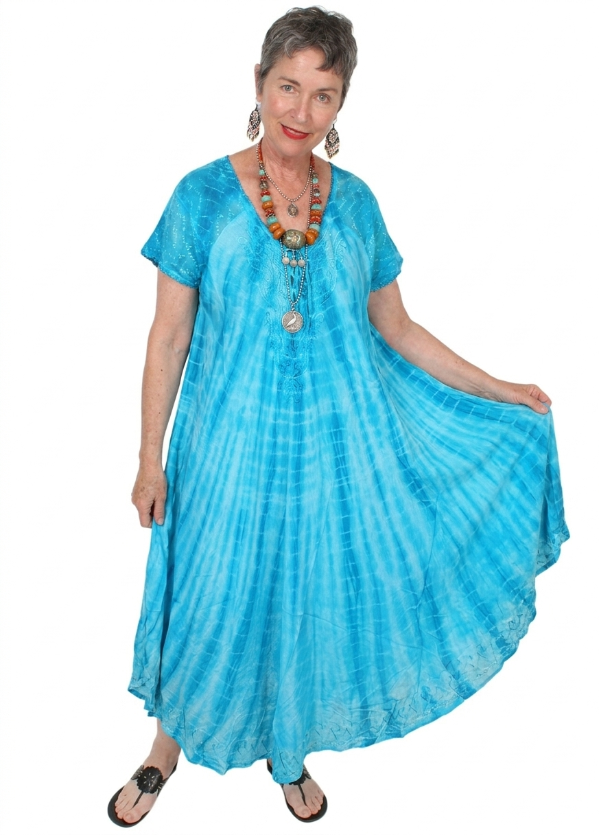 Sunheart Turquoise Tie-Dye Batik Summer s/slv Dress Boho Hippie Chic Resort Wear Sml-4x+