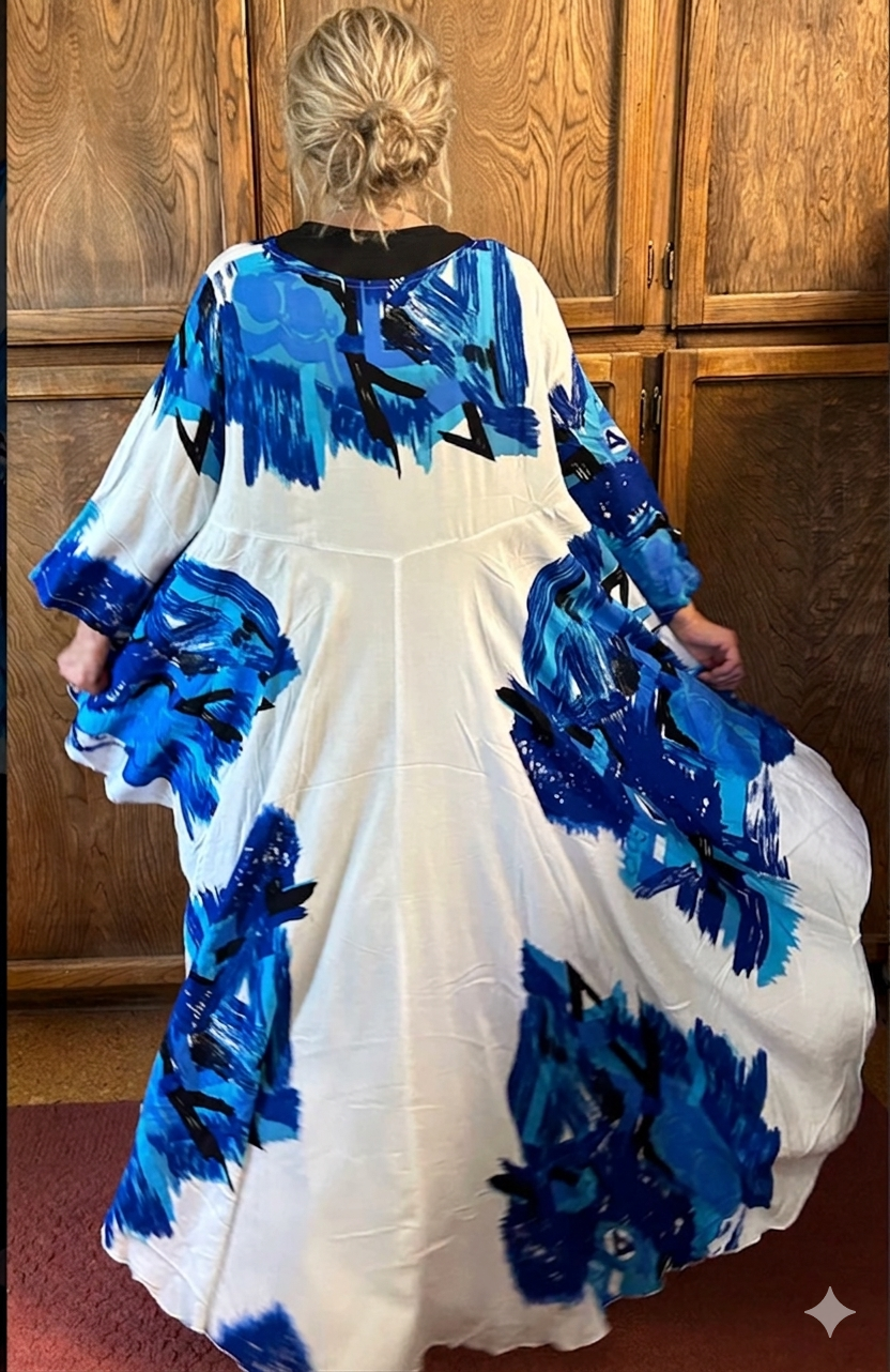 I'm the Goddess! Hey Boho Gal - Blue-White high-low long-sleeve Tunic Top