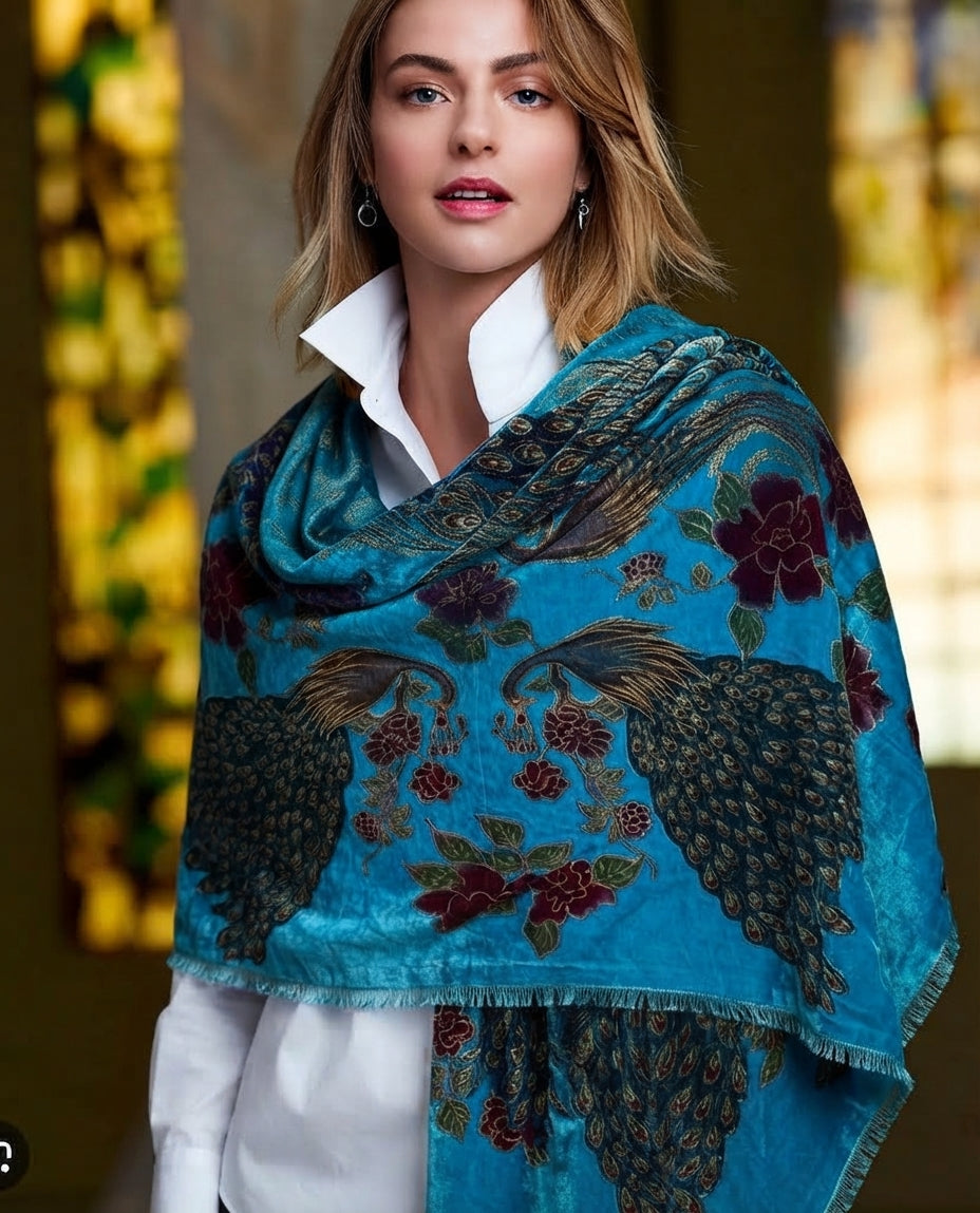 Large Scarf Turquoise OOAK SILK Velvet Peacock Gift Altar Home Lifestyle 42" x 42"