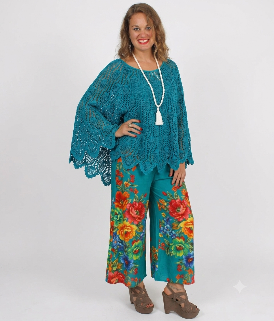 Sunheart Teal Cotton Crochet Poncho full circle Top! Sml-6X