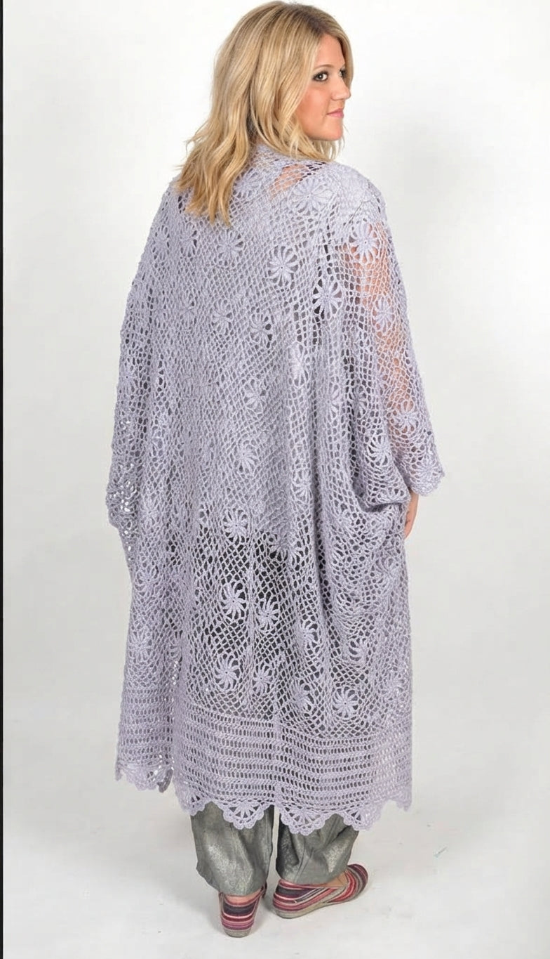Sunheart Vintage Lavander Upcycled Crochet Coat Boho Hippie ChicVictorian Violet Crochet Duster – Upcycled Batwing Kimono Jacket with Beading SMl-8X
