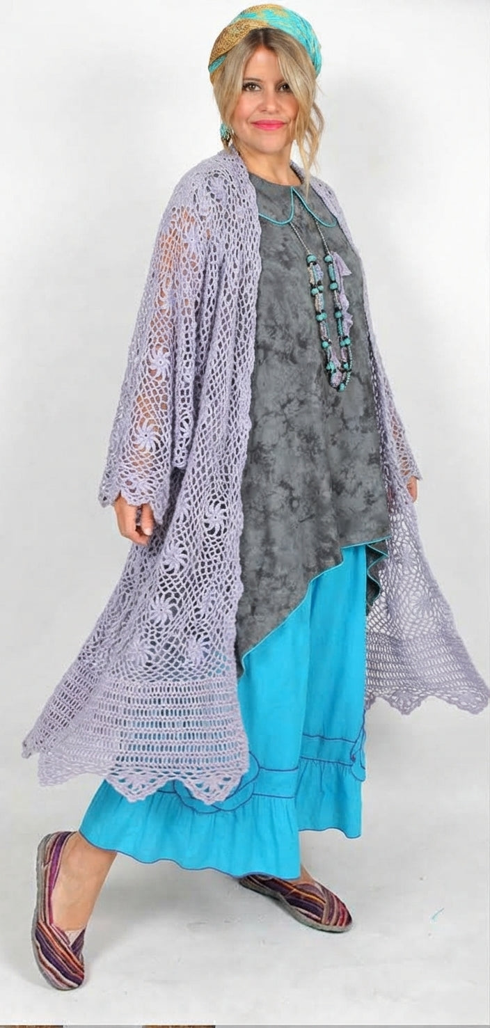 Sunheart Vintage Lavander Upcycled Crochet Coat Boho Hippie ChicVictorian Violet Crochet Duster – Upcycled Batwing Kimono Jacket with Beading SMl-8X