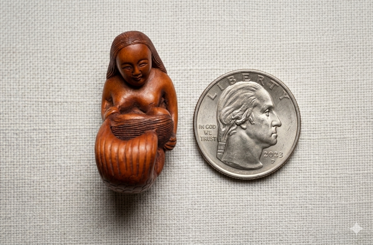 Mother & Baby Mermaid Hand-Carved Wood Netsuke – Mother Blessing Altar Token