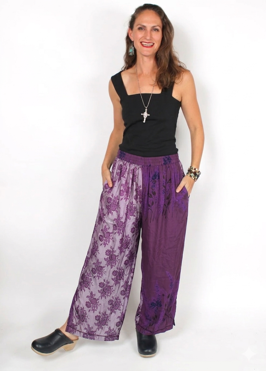 Tienda ho OOAK  Purple Jacquard Floral Boho Pants Nothing-Matches Hippie Chic Resort Wear Sml-2x+