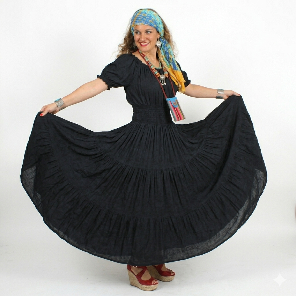 Sunheart Boho Black Peasant Dress  Renaissance Folk Sml-4X