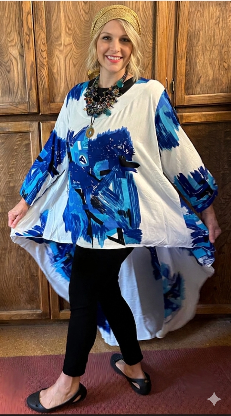 I'm the Goddess! Hey Boho Gal - Blue-White high-low long-sleeve Tunic Top