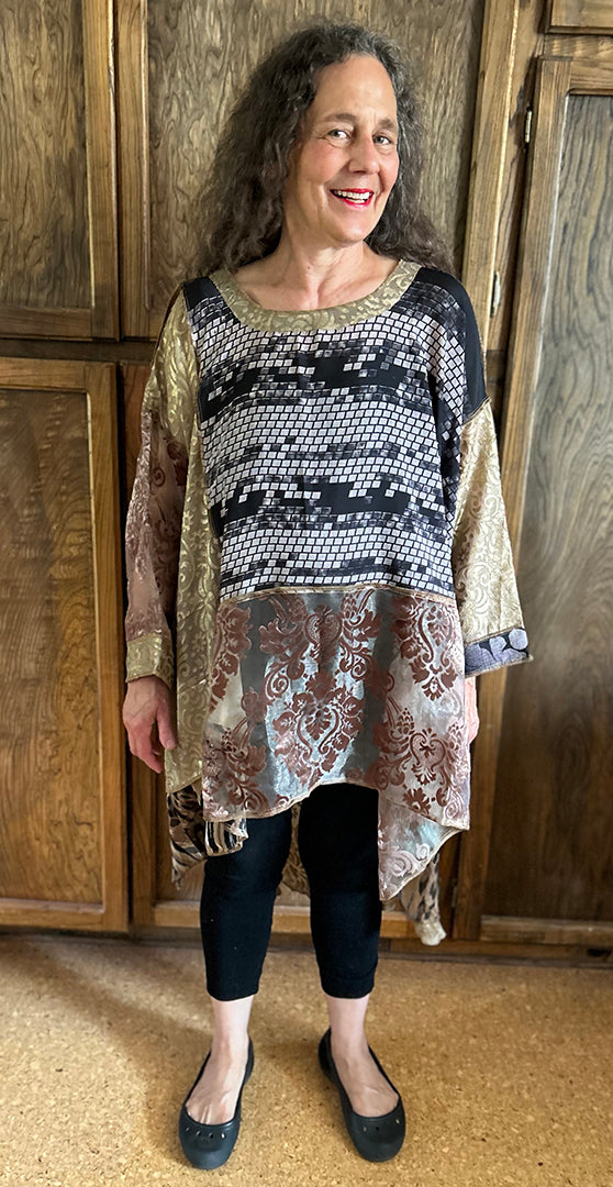 $70 OFF! LAST ONE Mosaic Mocha Gold hi-low Tunic Top Boho Hippie Chic Resort Wear Sml-10X