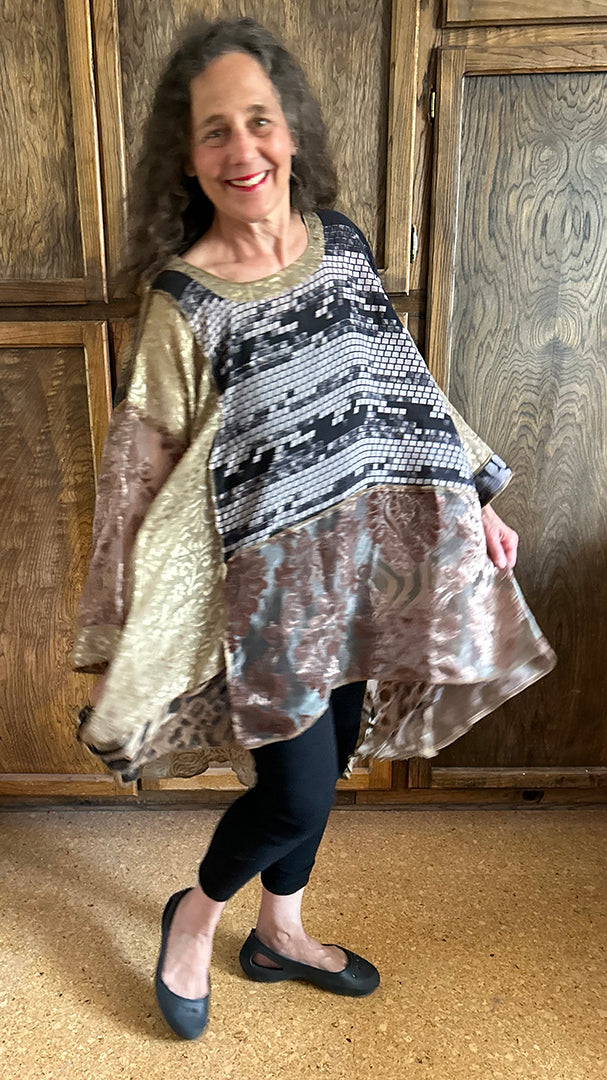 $70 OFF! LAST ONE Mosaic Mocha Gold hi-low Tunic Top Boho Hippie Chic Resort Wear Sml-10X