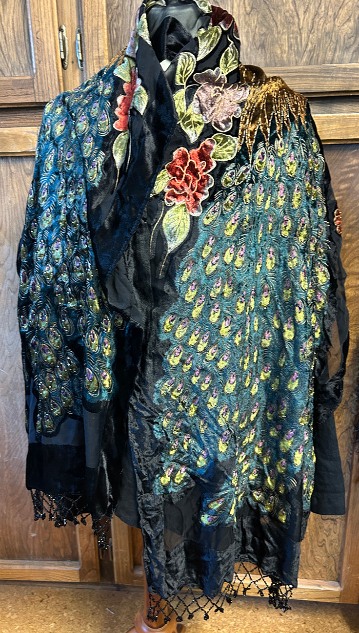 Large Scarf OOAK SILK Velvet Peacock Gift Altar Home Lifestyle 20" x 60"