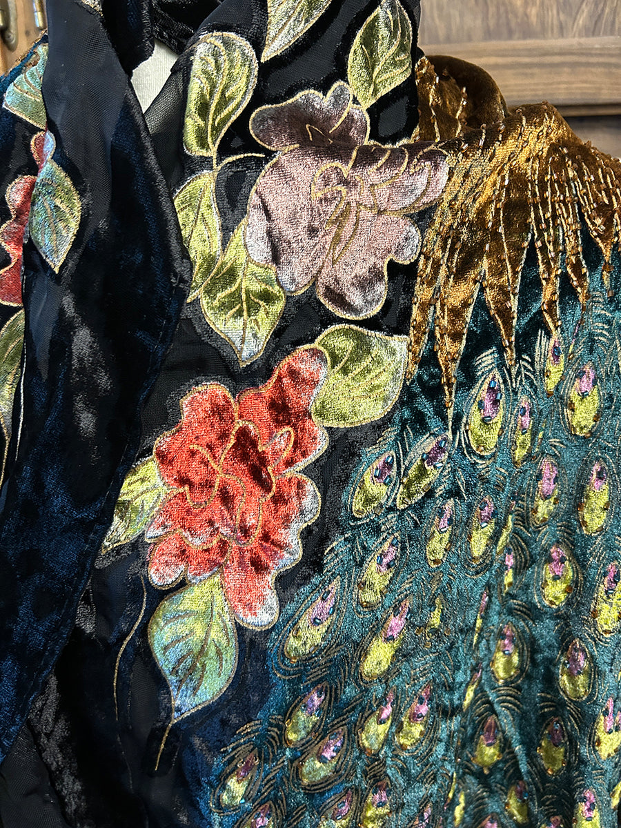 Large Scarf OOAK SILK Velvet Peacock Gift Altar Home Lifestyle 20" x 60"