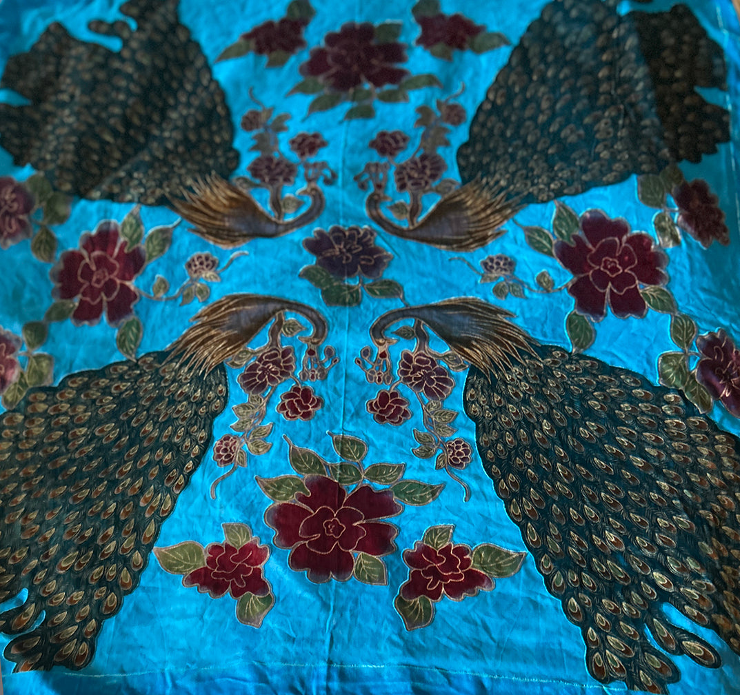 Large Scarf Turquoise OOAK SILK Velvet Peacock Gift Altar Home Lifestyle 42" x 42"