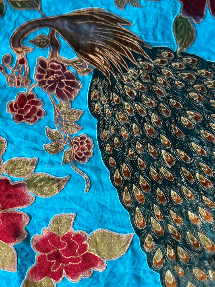 Large Scarf Turquoise OOAK SILK Velvet Peacock Gift Altar Home Lifestyle 42" x 42"