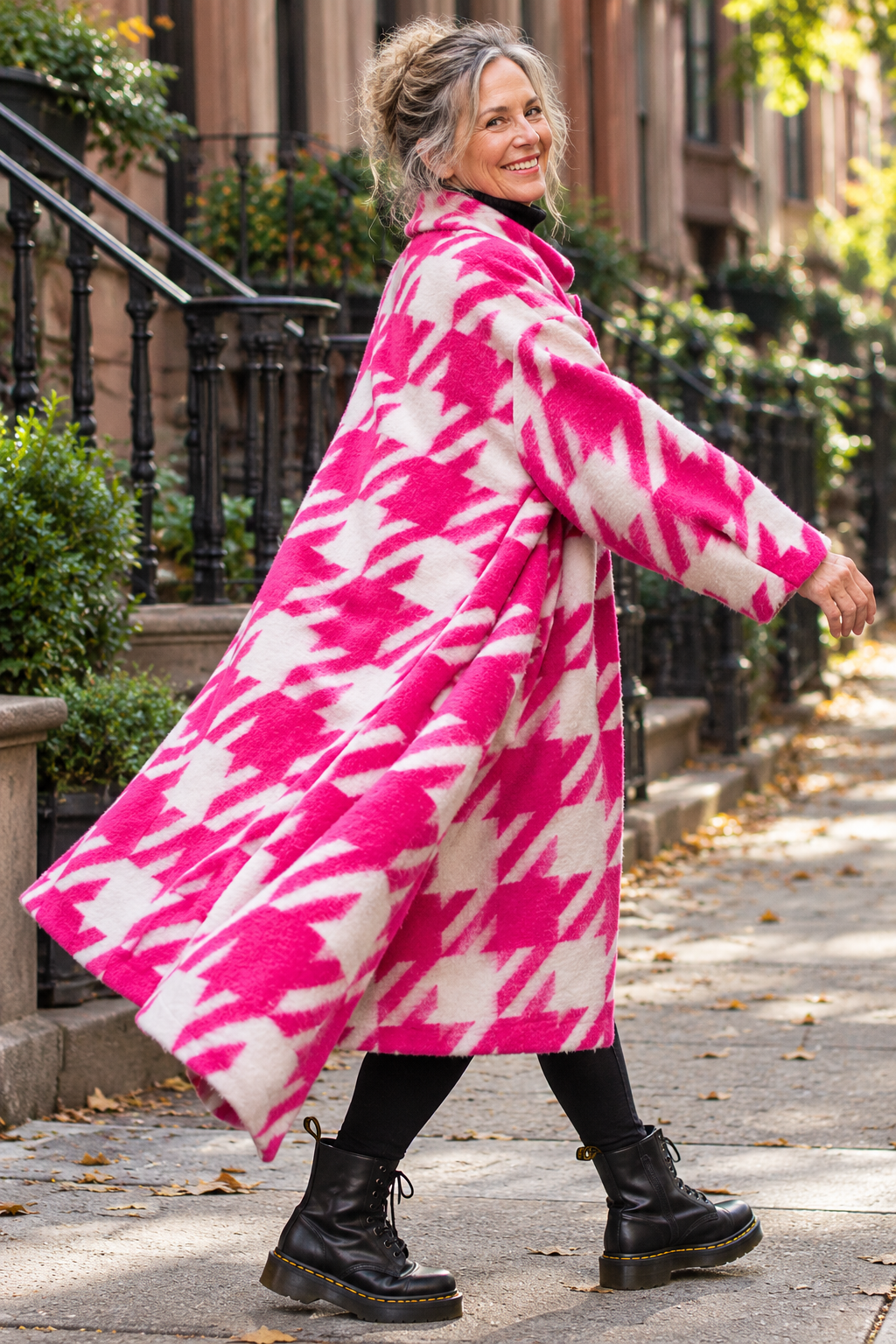 Italian 80% Wool Oversized Houndstooth Coat – Fabulous Fuchsia & White